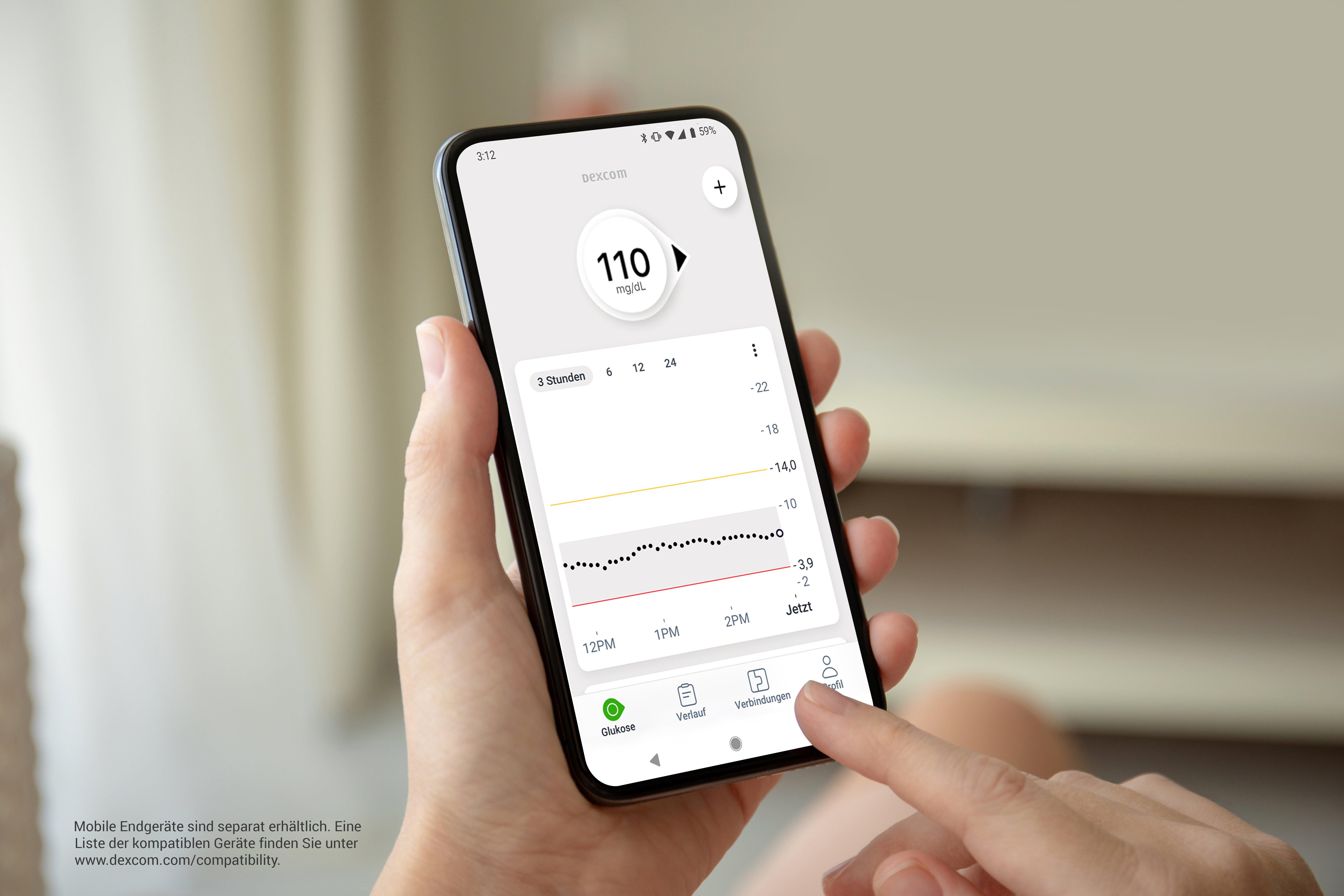 Anzeige der Blutzuckermesswerte auf der Dexcom G7 App
